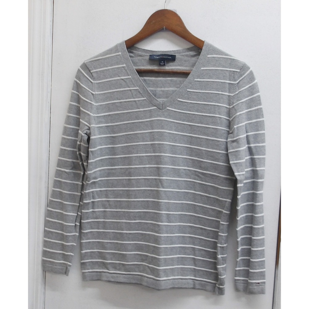 Tommy Hilfiger Women Gray White V Neck Long Sleeve Casual Top Shirt M/ #1270